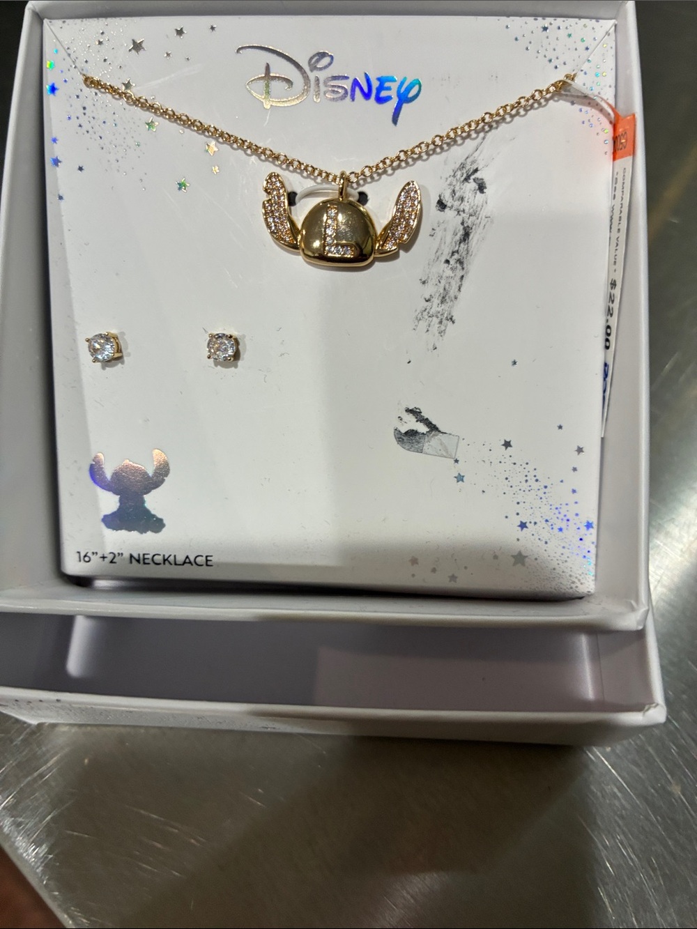 Disney Gold color Stitch Charm Necklace with Crystal Stud Earrings